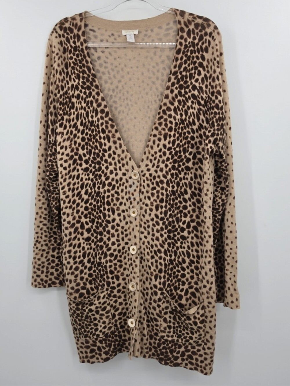 Chicos 3 Leopard Print Long Line Cardigan Sweater XL Button Front Tan V Neck